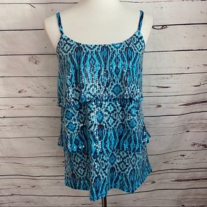 NWT INC Sequin Teal Tribe Print Tank Size M